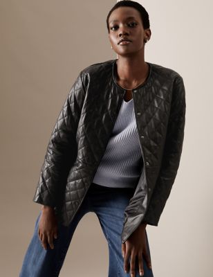 Leather Quilted Collarless Bomber Jacket