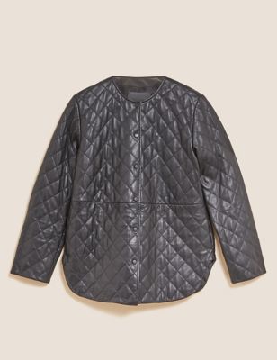 Leather Quilted Collarless Bomber Jacket