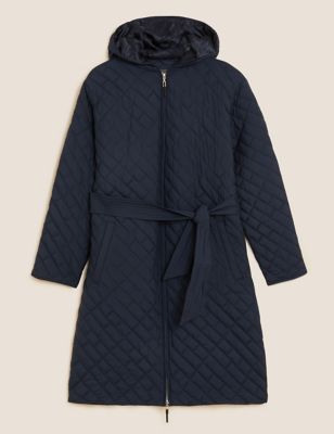 Quilted Hooded Belted Longline Raincoat