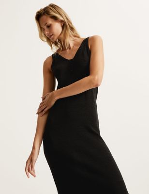 Linen Blend V-Neck Midi Slip Dress