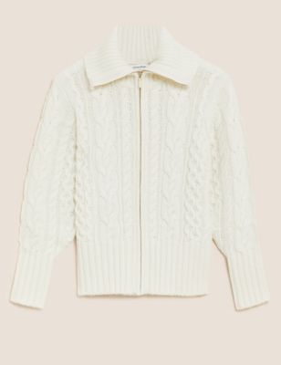 Wool Rich Cable Knit Collared Cardigan