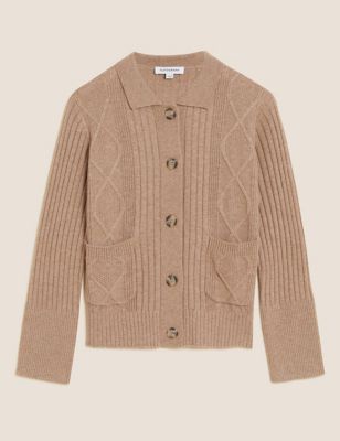 Cable Knit Collared Cardigan with Cashmere