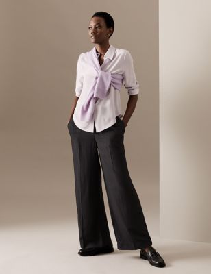 Pleat Front Wide Leg Trousers with Wool