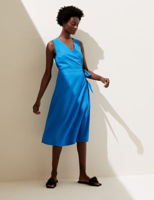 Linen Rich V-Neck Midi Wrap Dress