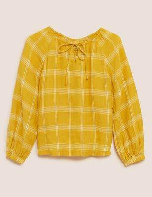Pure Linen Checked Long Sleeve Blouse