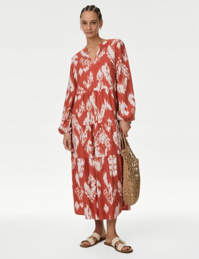 Pure Cotton Printed Bardot Midaxi Beach Dress | M&S Collection | M&S