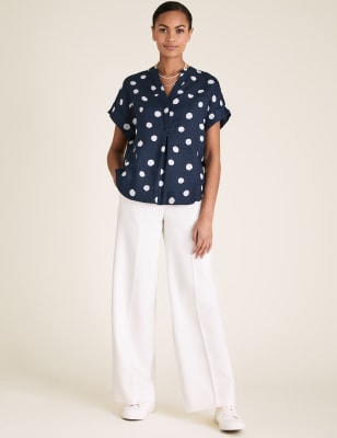 navy and white spotted blouse