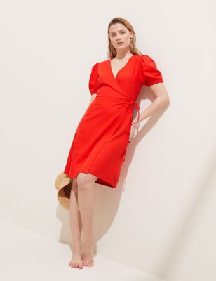 Linen Blend V-Neck Mini Wrap Dress