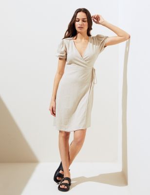 Linen Blend V-Neck Mini Wrap Dress