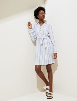 Linen Rich Striped Knee Length Shirt Dress