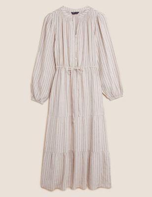 Linen Blend Striped Maxi Tiered Dress