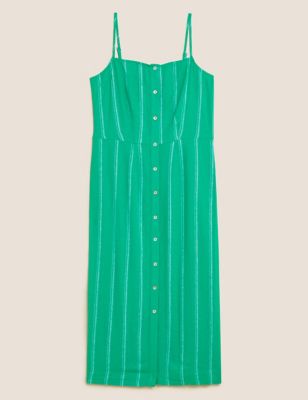 Linen Blend Striped Square Neck Midi Dress
