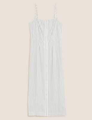 Linen Blend Striped Square Neck Midi Dress