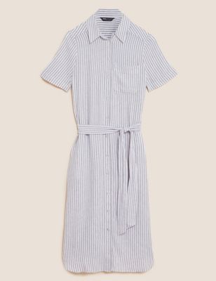 Linen Rich Tie Waist Midi Shirt Dress