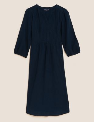 Linen Blend V-Neck Midi Waisted Dress