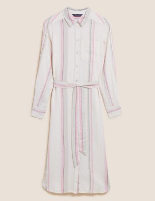 Linen Rich Striped Belted Midi Shirt Dress