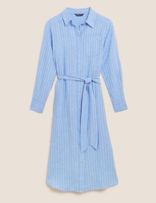 Linen Rich Striped Midi Shirt Dress