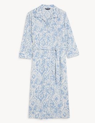 Linen Blend Printed Midi Shirt Dress