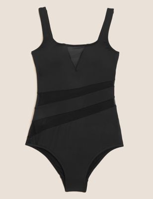 Large 2 Bamboo Ladies Swimsuit Black w/Black & White Dot for Women ~ Tummy Toner 