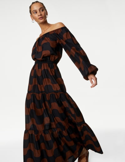 Pure Cotton Printed Bardot Midaxi Beach Dress M S Collection M S