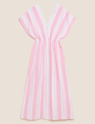 Linen Blend Striped V-Neck Maxi Dress