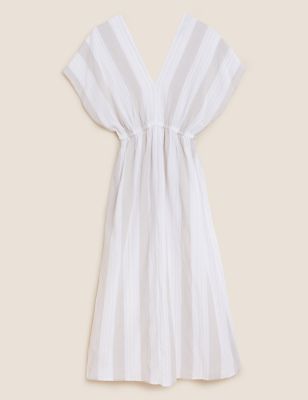 Linen Blend Striped V-Neck Maxi Dress