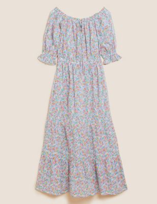 Pure Cotton Floral Bardot Midi Beach Dress