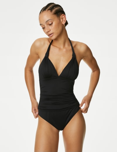 Marks & Spencer Tummy Control Padded Ruched Plunge Swimsuit T528987BLACK  (M) : : Fashion