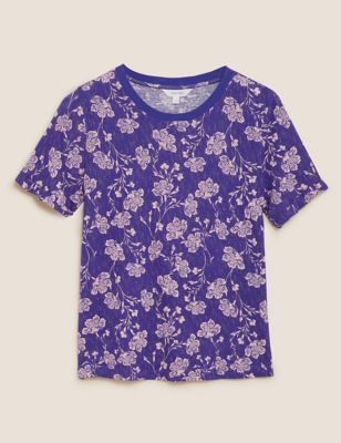 Linen Blend Floral Relaxed T-Shirt