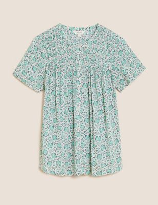 Floral Collarless Short Sleeve Blouse