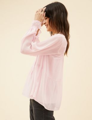 Frill Neck Tie Front Long Sleeve Blouse