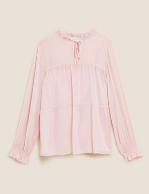 Frill Neck Tie Front Long Sleeve Blouse
