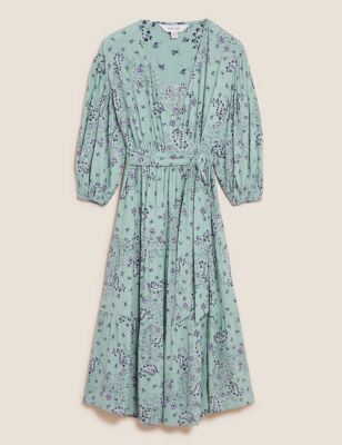 Paisley Floral V-Neck Midi Wrap Dress