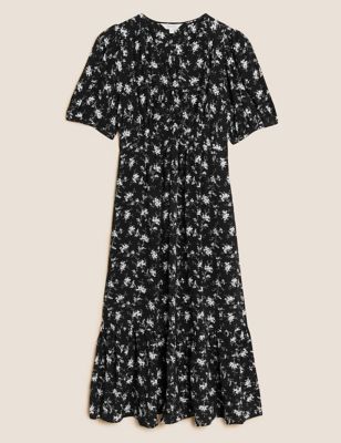 Printed V-Neck Puff Sleeve Midi Tea Dress