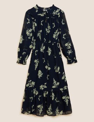 Ditsy Floral Tie Neck Midaxi Waisted Dress