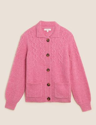Cable Knit Collared Cardigan with Wool