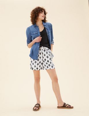 Cotton Blend Printed Belted Shorts