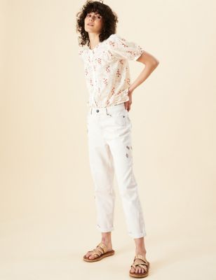 High Waisted Embroidered Ankle Grazer Jeans