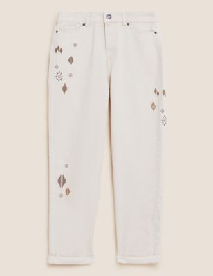 High Waisted Embroidered Ankle Grazer Jeans