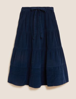 Corduroy Belted Midi Tiered Skirt