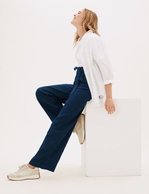 Pure Linen Belted Wide Leg Trousers