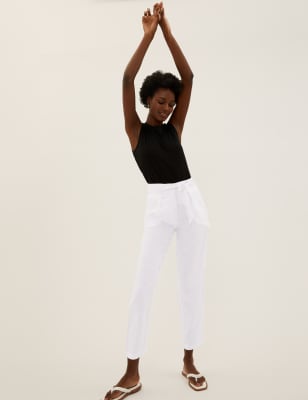 white tapered trousers