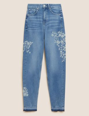 Mom Embroidered Ankle Grazer Jeans