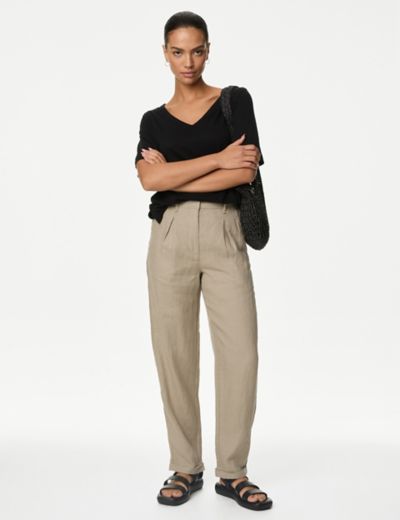 Slim Ankle Linen Trousers, Linen Pants High Waisted, Women Pants With Belt, Tapered  Linen Pants 