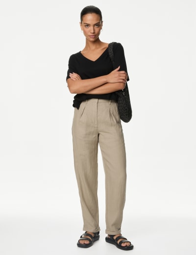 Slim Ankle Linen Trousers, Linen Pants High Waisted, Women Pants With Belt,  Tapered Linen Pants 