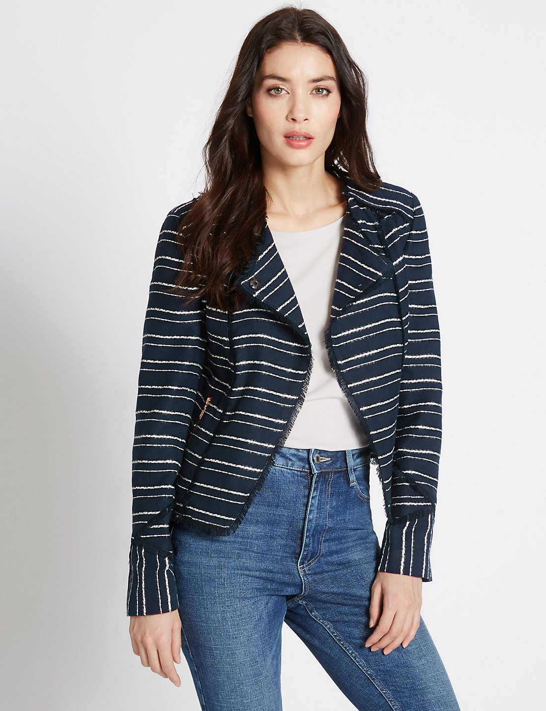 Cotton Blend Striped Fringe Jacket
