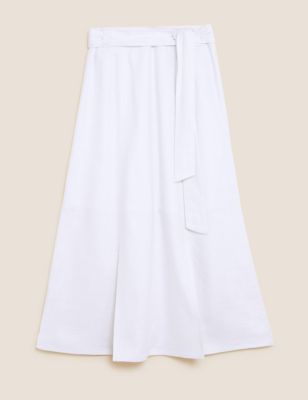Linen Blend Side Split Midi A-Line Skirt