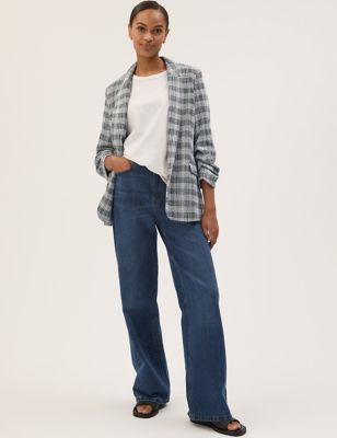 Jersey Checked Ruched Sleeve Blazer Jacket