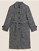 Шерстяное твидовое длинное пальто с поясом