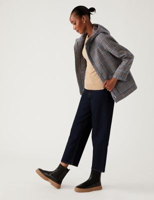 Wool Blend Checked Hooded Duffle Coat